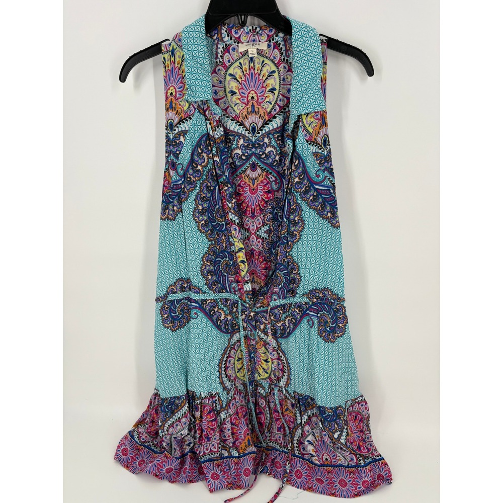 Umgee USA Turquoise Blue Sleeveless Paisley Print Tie Waist Dress Large *
